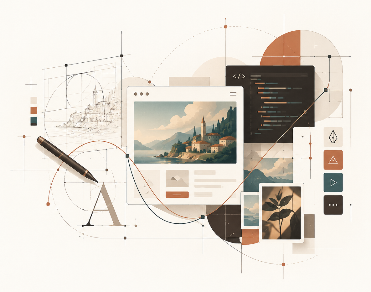 Illustration combining design tools, code, and digital interfaces.